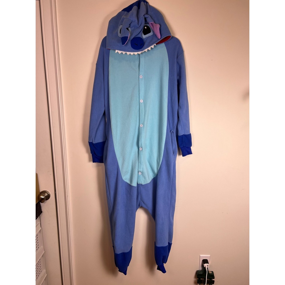 Disney‎ Stitch Costume Pajamas Blue Fleece Hooded One Piece Size M